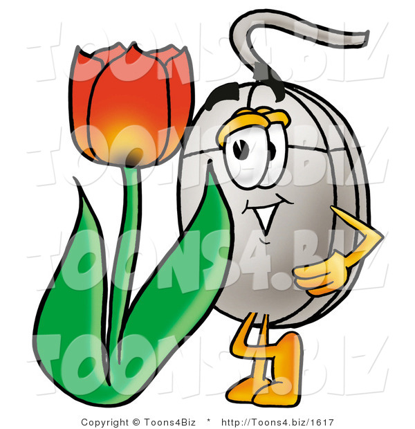 Illustration of a Cartoon Computer Mouse Mascot with a Red Tulip Flower in the Spring