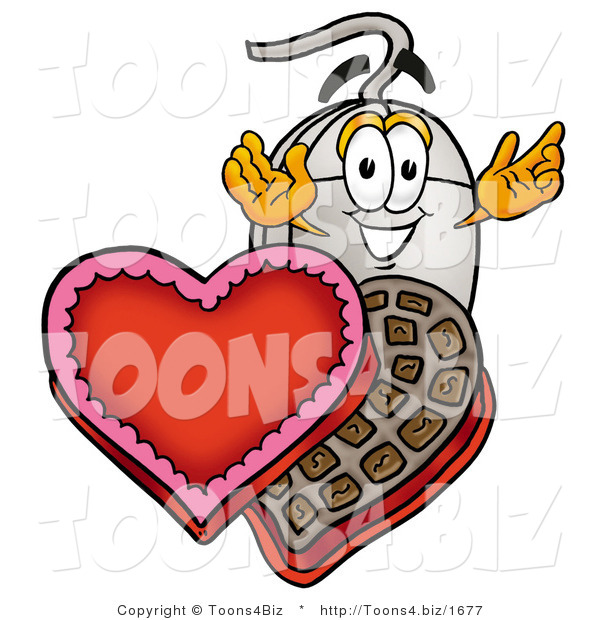 Illustration of a Cartoon Computer Mouse Mascot with an Open Box of Valentines Day Chocolate Candies