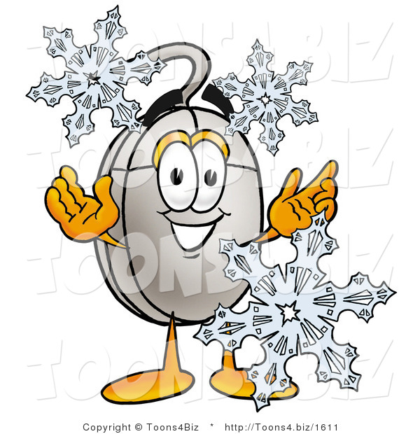 Illustration of a Cartoon Computer Mouse Mascot with Three Snowflakes in Winter