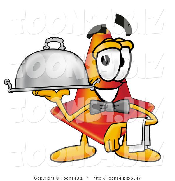 Illustration of a Cartoon Construction Safety Cone Mascot Dressed As a Waiter and Holding a Serving Platter