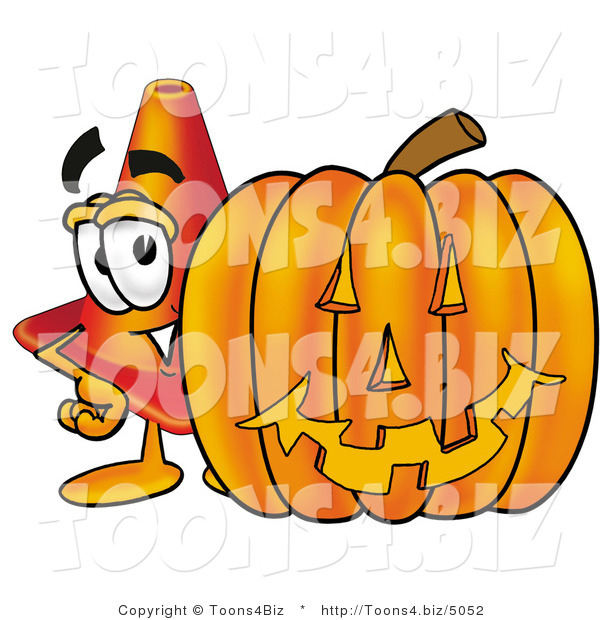 Illustration of a Cartoon Construction Safety Cone Mascot with a Carved Halloween Pumpkin