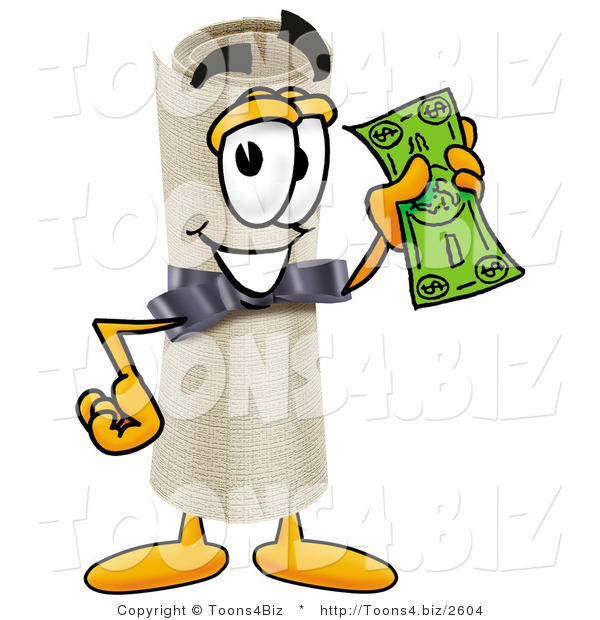 Illustration of a Cartoon Diploma Mascot Holding a Dollar Bill