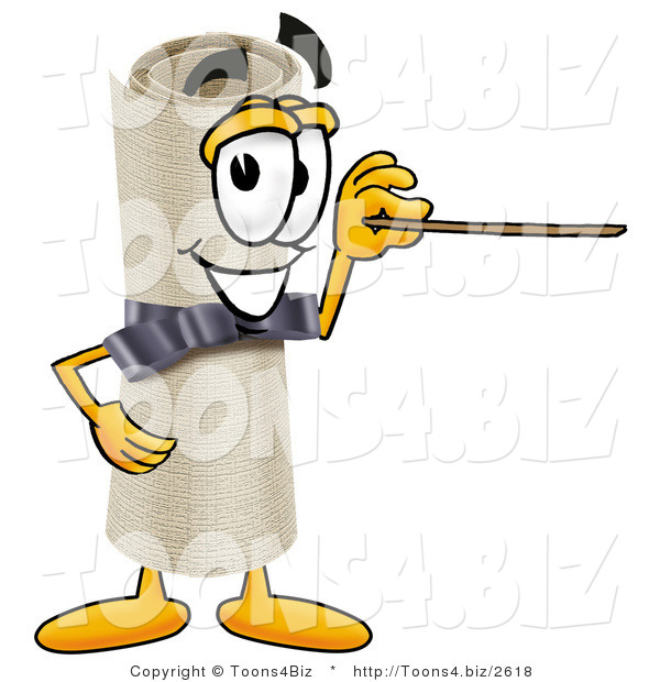 Illustration of a Cartoon Diploma Mascot Holding a Pointer Stick