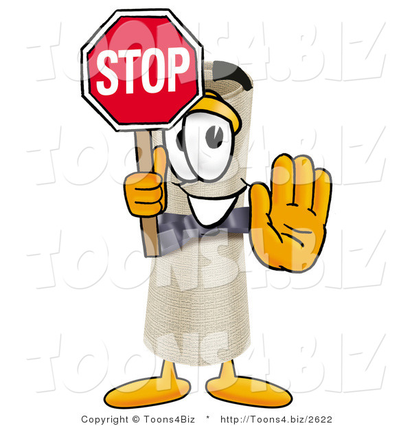 Illustration of a Cartoon Diploma Mascot Holding a Stop Sign