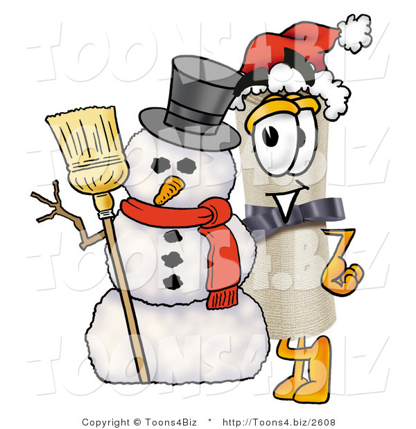 Illustration of a Cartoon Diploma Mascot with a Snowman on Christmas