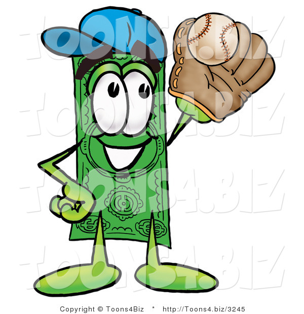 Illustration of a Cartoon Dollar Bill Mascot Catching a Baseball with a Glove
