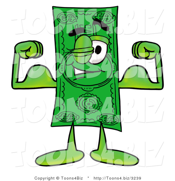 Illustration of a Cartoon Dollar Bill Mascot Flexing His Arm Muscles