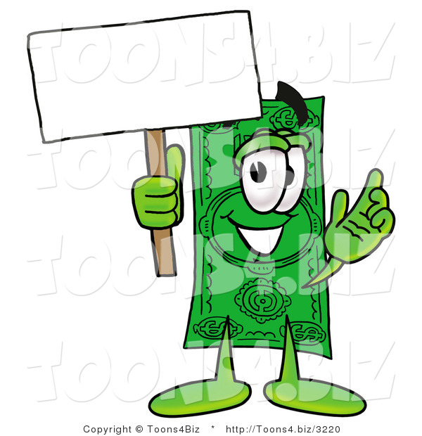 Illustration of a Cartoon Dollar Bill Mascot Holding a Blank Sign