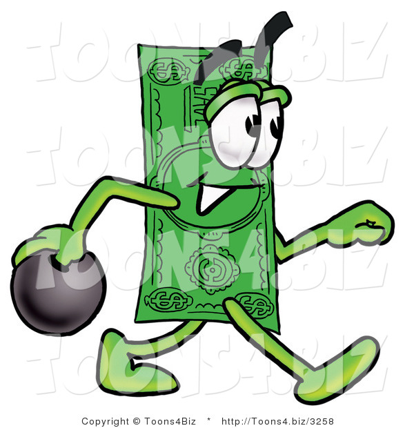 Illustration of a Cartoon Dollar Bill Mascot Holding a Bowling Ball