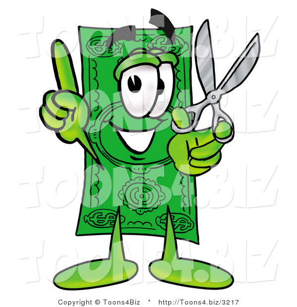 Illustration of a Cartoon Dollar Bill Mascot Holding a Pair of Scissors