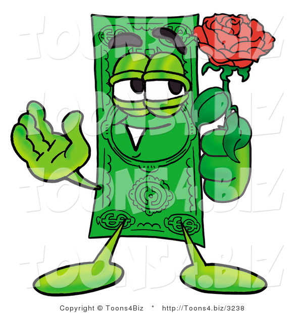 Illustration of a Cartoon Dollar Bill Mascot Holding a Red Rose on Valentines Day