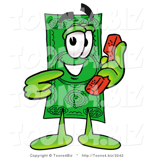 Illustration of a Cartoon Dollar Bill Mascot Holding a Telephone