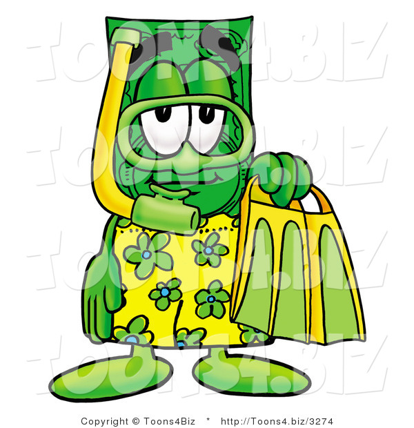 Illustration of a Cartoon Dollar Bill Mascot in Green and Yellow Snorkel Gear