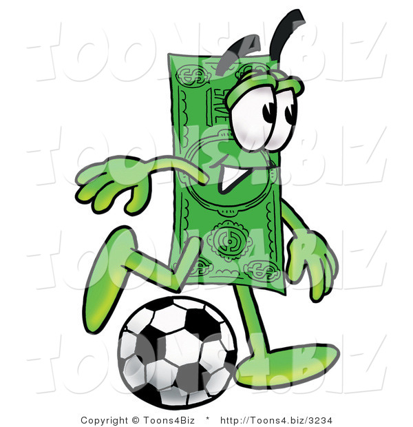 Illustration of a Cartoon Dollar Bill Mascot Kicking a Soccer Ball
