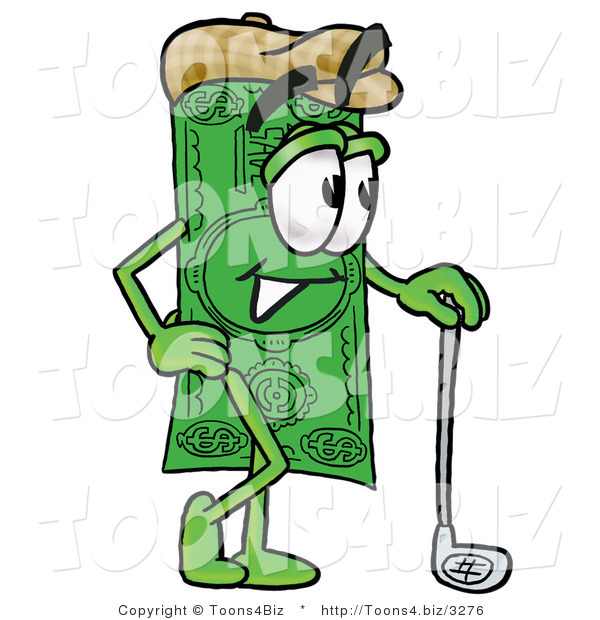Illustration of a Cartoon Dollar Bill Mascot Leaning on a Golf Club While Golfing