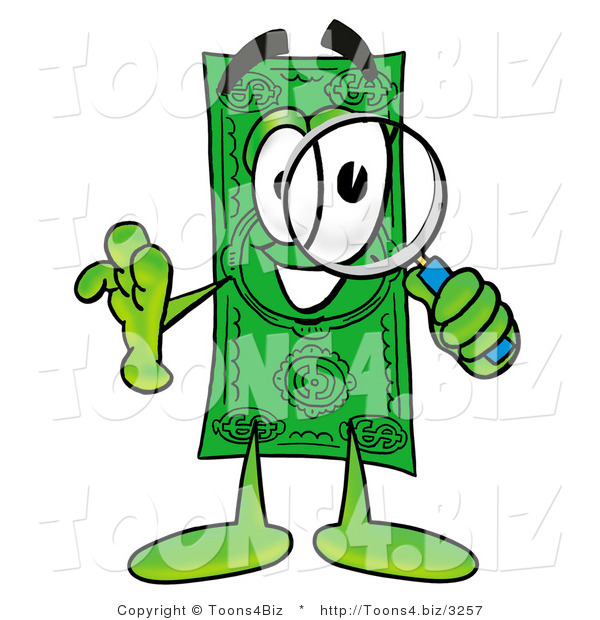 Illustration of a Cartoon Dollar Bill Mascot Looking Through a Magnifying Glass