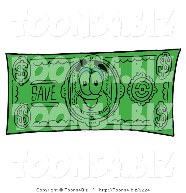 Illustration of a Cartoon Dollar Bill Mascot on a Dollar Bill