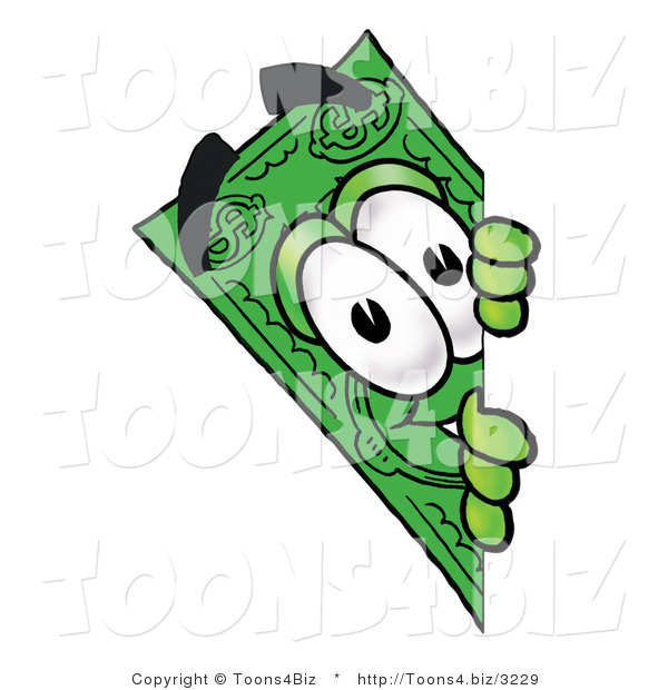 Illustration of a Cartoon Dollar Bill Mascot Peeking Around a Corner