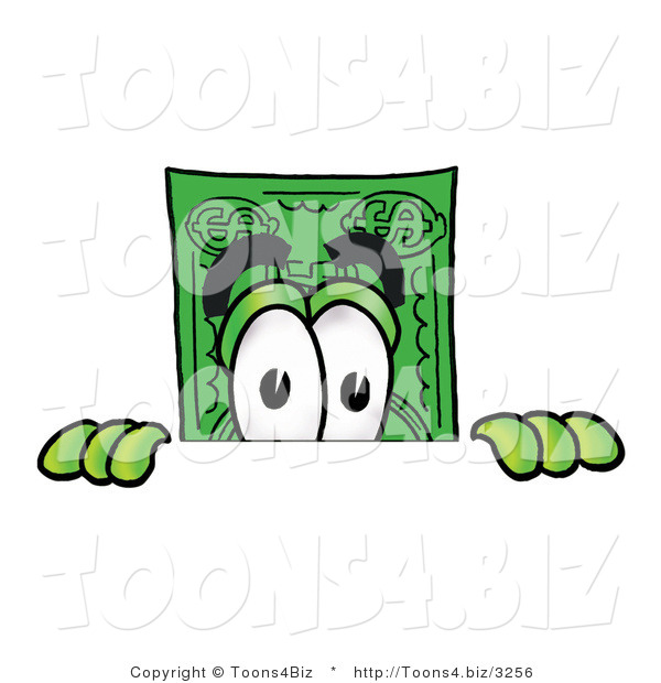 Illustration of a Cartoon Dollar Bill Mascot Peeking over a Surface