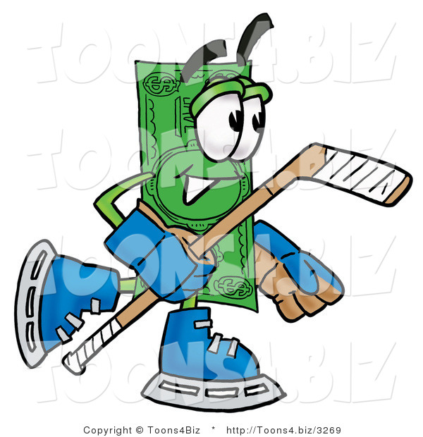 Illustration of a Cartoon Dollar Bill Mascot Playing Ice Hockey