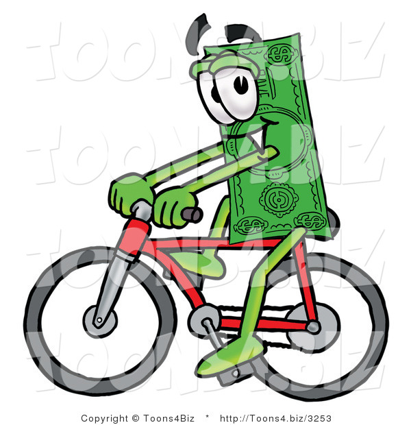 Illustration of a Cartoon Dollar Bill Mascot Riding a Bicycle