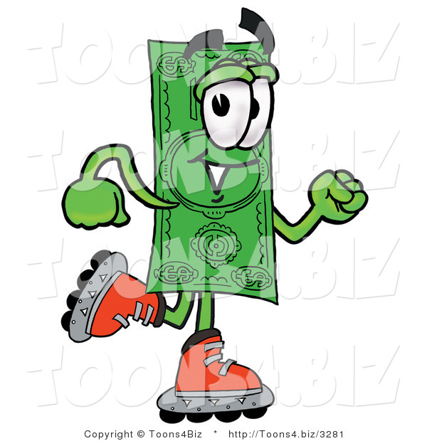 Illustration of a Cartoon Dollar Bill Mascot Roller Blading on Inline Skates