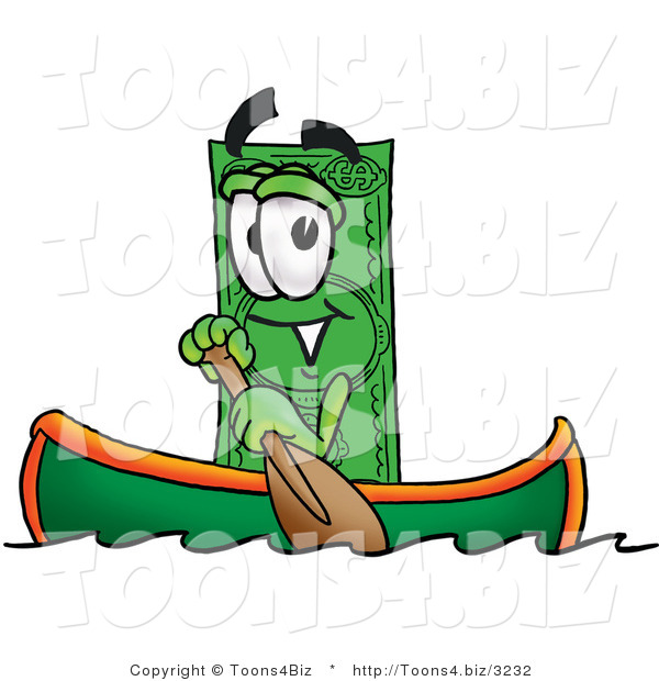 Illustration of a Cartoon Dollar Bill Mascot Rowing a Boat