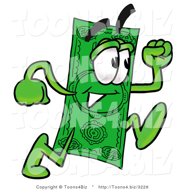 Illustration of a Cartoon Dollar Bill Mascot Running
