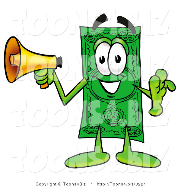 Illustration of a Cartoon Dollar Bill Mascot Screaming into a Megaphone