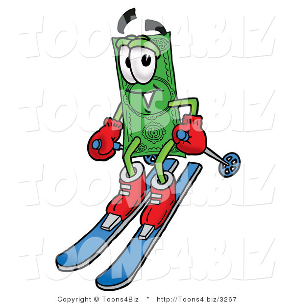 Illustration of a Cartoon Dollar Bill Mascot Skiing Downhill