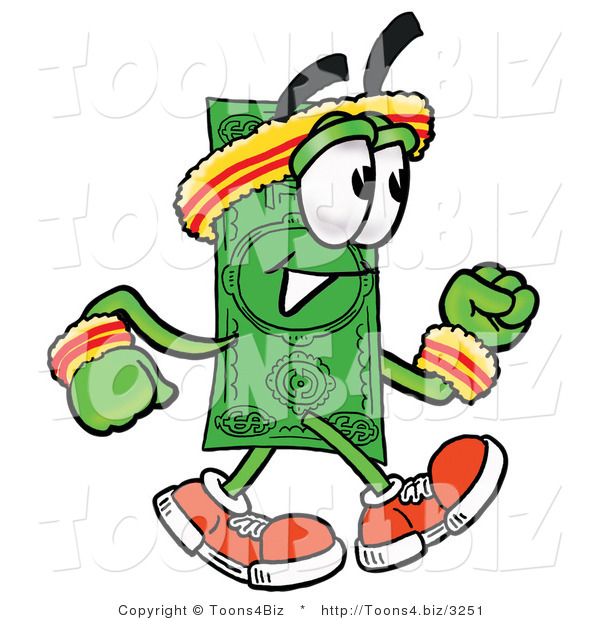 Illustration of a Cartoon Dollar Bill Mascot Speed Walking or Jogging