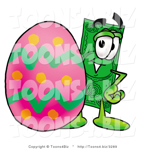 Illustration of a Cartoon Dollar Bill Mascot Standing Beside an Easter Egg