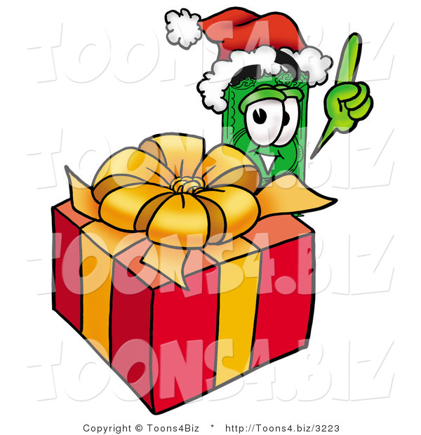 Illustration of a Cartoon Dollar Bill Mascot Standing by a Christmas Present