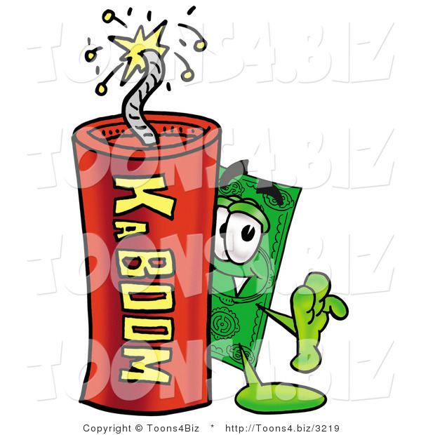 Illustration of a Cartoon Dollar Bill Mascot Standing with a Lit Stick of Dynamite