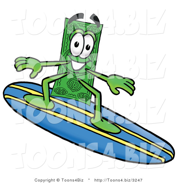 Illustration of a Cartoon Dollar Bill Mascot Surfing on a Blue and Yellow Surfboard