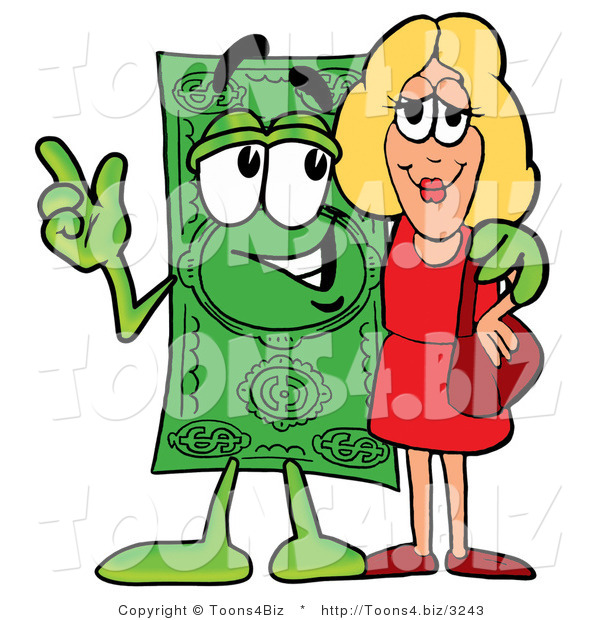 Illustration of a Cartoon Dollar Bill Mascot Talking to a Pretty Blond Woman