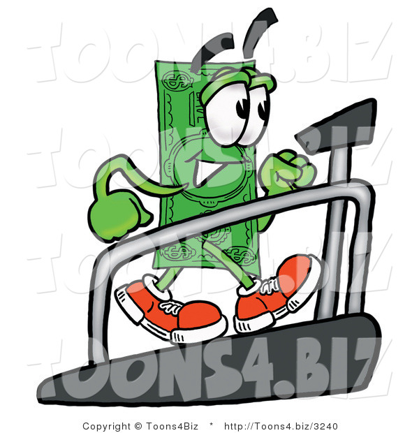 Illustration of a Cartoon Dollar Bill Mascot Walking on a Treadmill in a Fitness Gym
