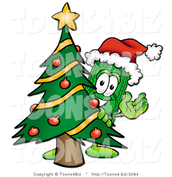 Illustration of a Cartoon Dollar Bill Mascot Waving and Standing by a Decorated Christmas Tree