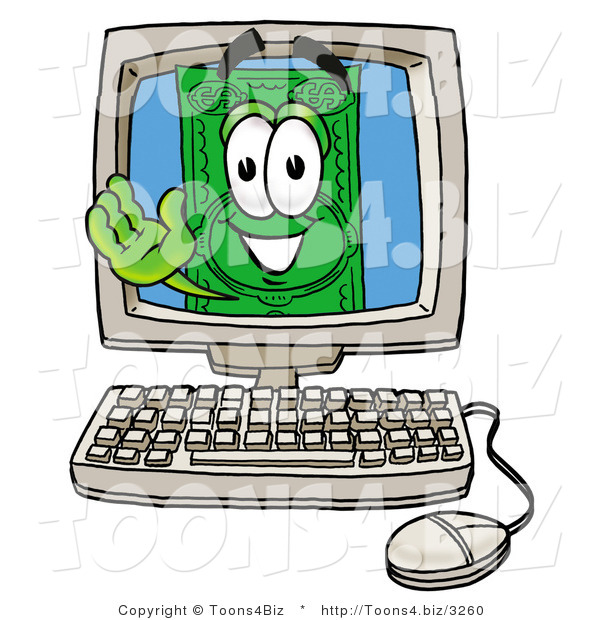 Illustration of a Cartoon Dollar Bill Mascot Waving from Inside a Computer Screen