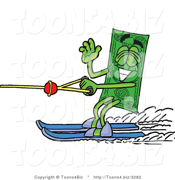 Illustration of a Cartoon Dollar Bill Mascot Waving While Water Skiing