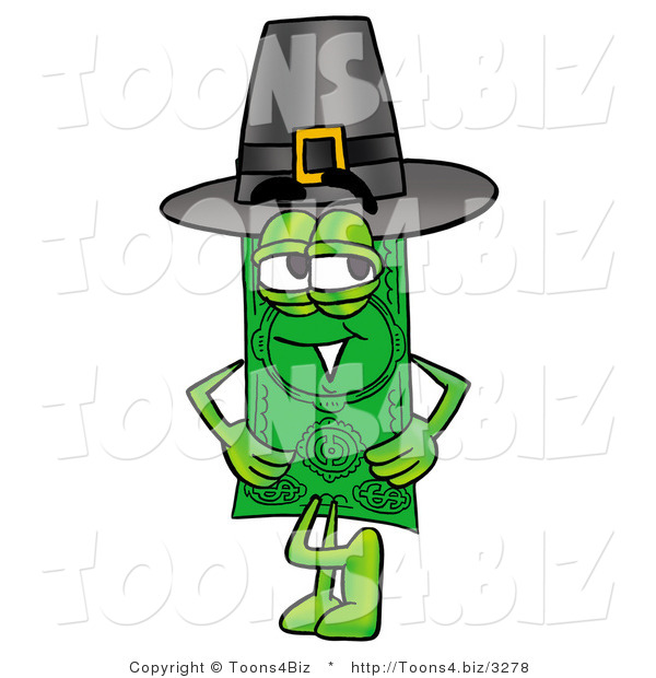Illustration of a Cartoon Dollar Bill Mascot Wearing a Pilgrim Hat on Thanksgiving