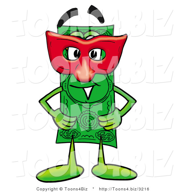 Illustration of a Cartoon Dollar Bill Mascot Wearing a Red Mask over His Face