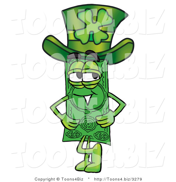 Illustration of a Cartoon Dollar Bill Mascot Wearing a Saint Patricks Day Hat with a Clover on It