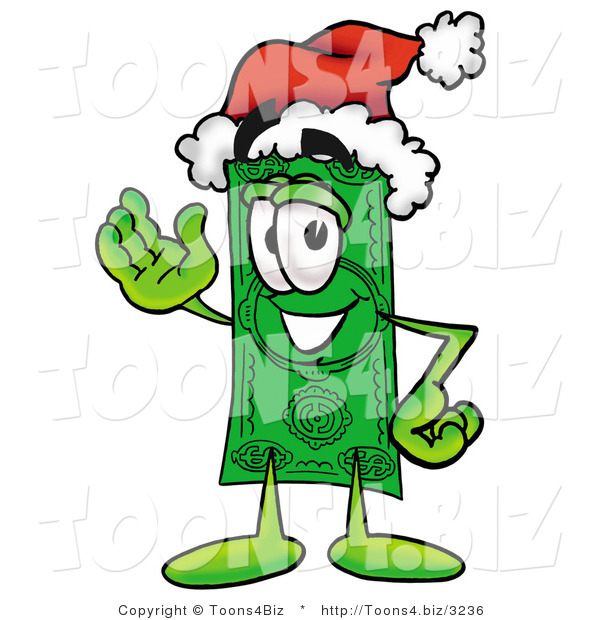 Illustration of a Cartoon Dollar Bill Mascot Wearing a Santa Hat and Waving