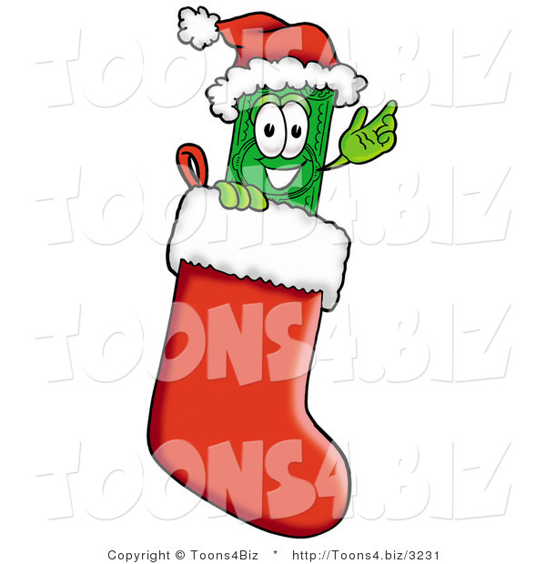Illustration of a Cartoon Dollar Bill Mascot Wearing a Santa Hat Inside a Red Christmas Stocking