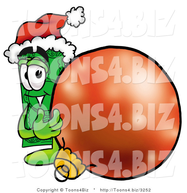 Illustration of a Cartoon Dollar Bill Mascot Wearing a Santa Hat, Standing with a Christmas Bauble