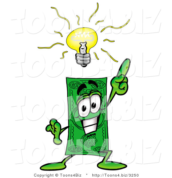Illustration of a Cartoon Dollar Bill Mascot with a Bright Idea