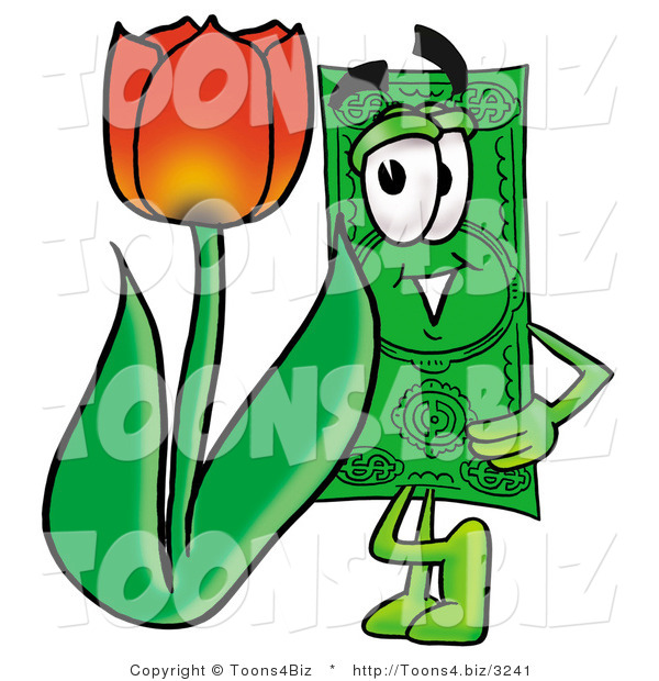 Illustration of a Cartoon Dollar Bill Mascot with a Red Tulip Flower in the Spring
