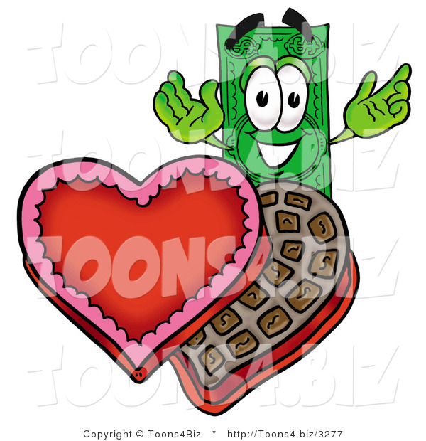 Illustration of a Cartoon Dollar Bill Mascot with an Open Box of Valentines Day Chocolate Candies