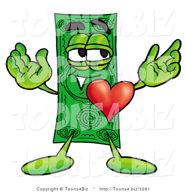 Illustration of a Cartoon Dollar Bill Mascot with His Heart Beating out of His Chest